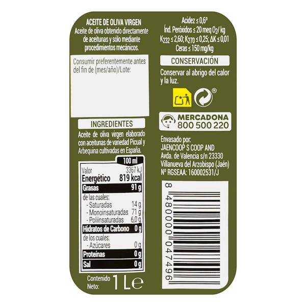 Aceite de oliva virgen Hacendado 1 Litro