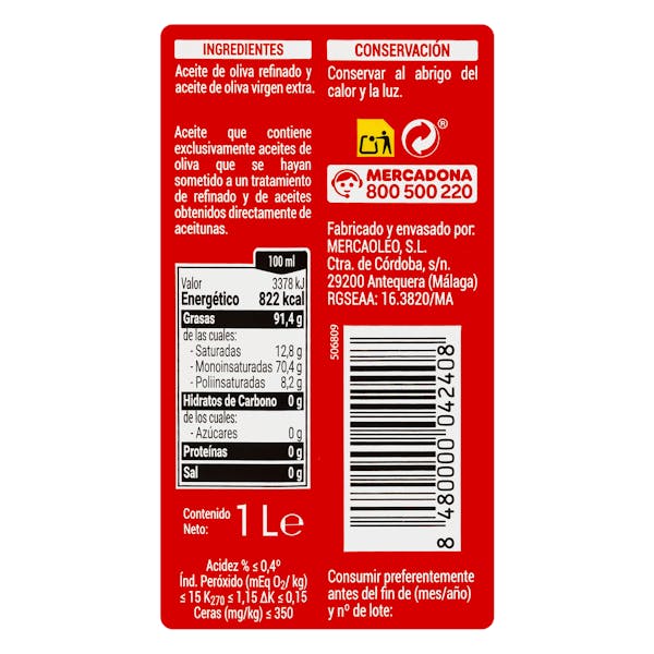 Aceite de oliva 0,4º Hacendado 1 Litro