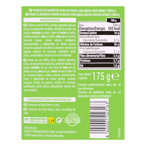 Aperitivo de patata con sabor a nata agria y cebolla