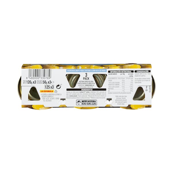 Aceitunas verdes rellenas de anchoa Hacendado reducidas en sal