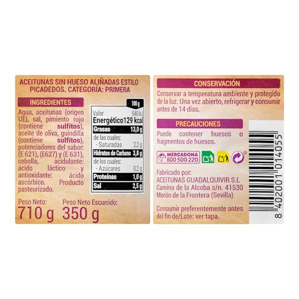 Aceitunas verdes Picadedos sin hueso Hacendado aliñadas