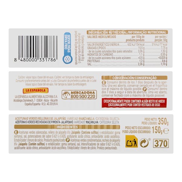 Aceitunas verdes rellenas de jalapeño Hacendado