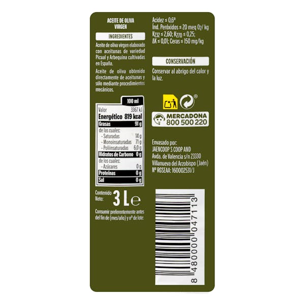 Aceite de oliva virgen Hacendado 3 Litros