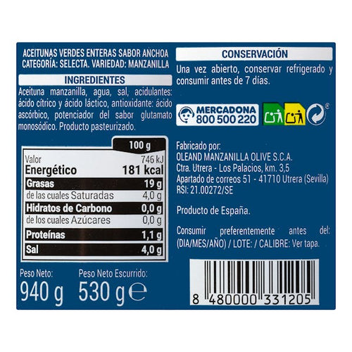 Aceitunas verdes con hueso Hacendado sabor anchoa