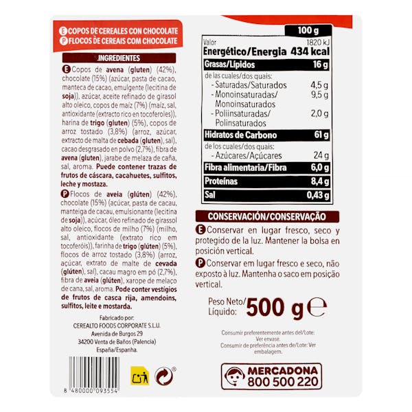 Muesli Crunchy Hacendado con chocolate 15% de chocolate