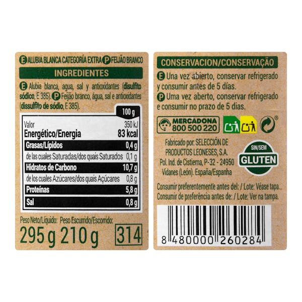 Alubia cocida blanca Hacendado 295 gr.