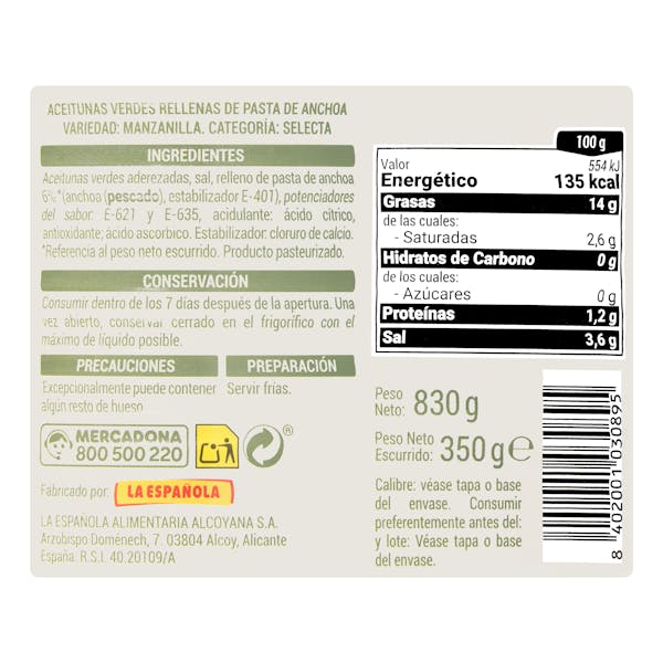 Aceitunas verdes rellenas de anchoa Hacendado selección