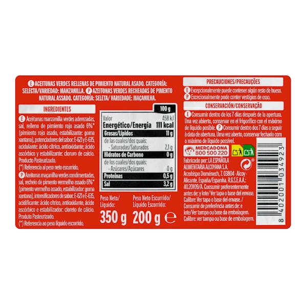 Aceitunas verdes rellenas de pimiento asado Hacendado