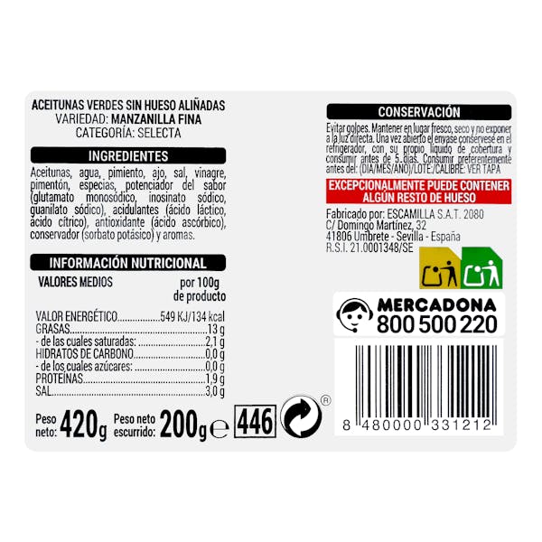 Aceitunas verdes sin hueso aliñadas Hacendado