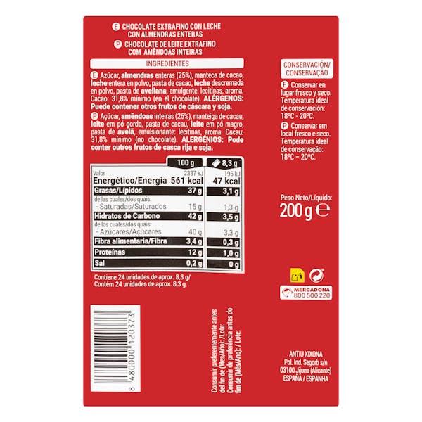 Chocolate extrafino con leche Hacendado almendras enteras