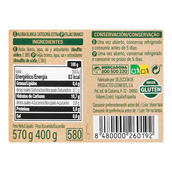 Alubia cocida blanca Hacendado 570 gr.