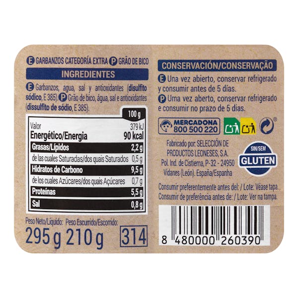 Garbanzo cocido Hacendado 295 gr.