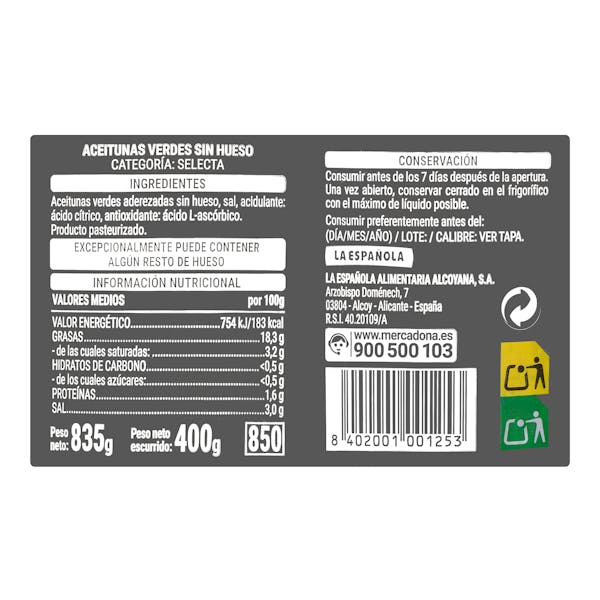 Aceitunas verdes sin hueso Hacendado