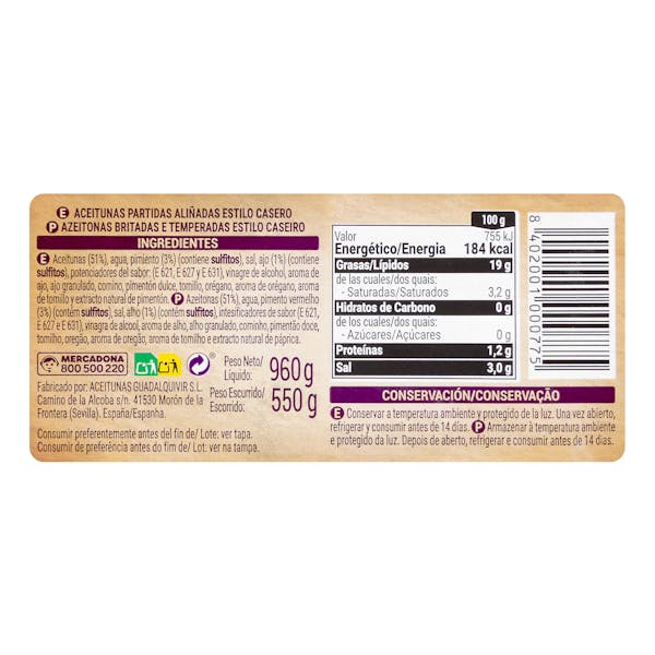 Aceitunas verdes estilo casero Hacendado partidas aliñadas