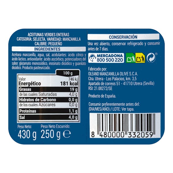 Aceitunas verdes con hueso Hacendado