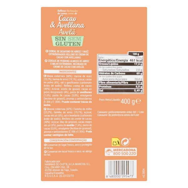 Cereales rellenos de crema de cacao y avellana Hacendado sin gluten