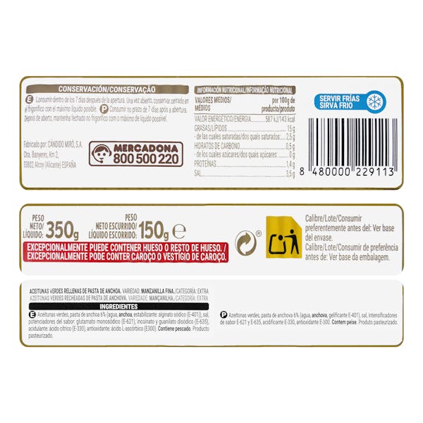 Aceitunas verdes rellenas de anchoa Hacendado