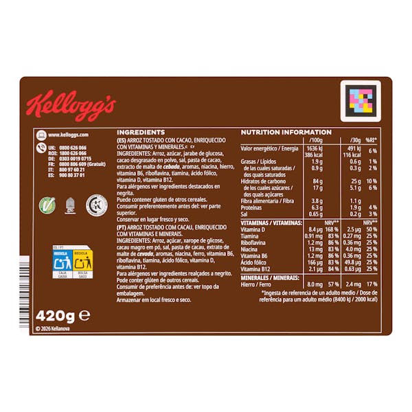 Cereales de arroz inflado Choco Krispies Kellogg's con chocolate