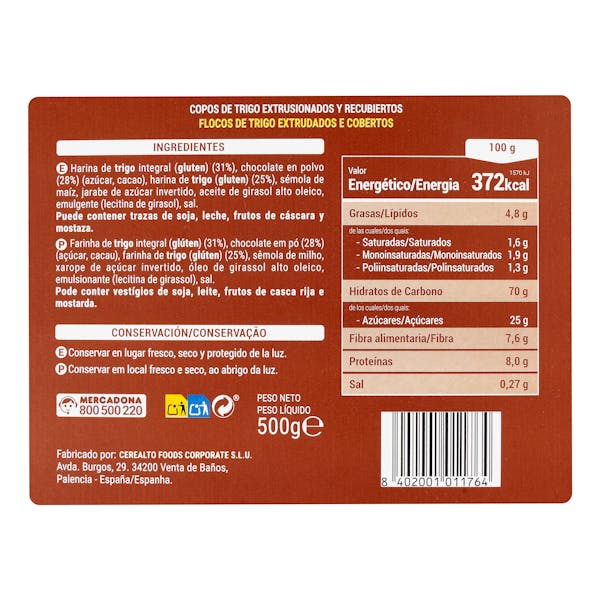 Cereales copos de trigo Chocodays Hacendado con chocolate