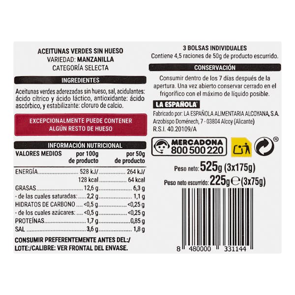 Aceitunas verdes sin hueso Hacendado