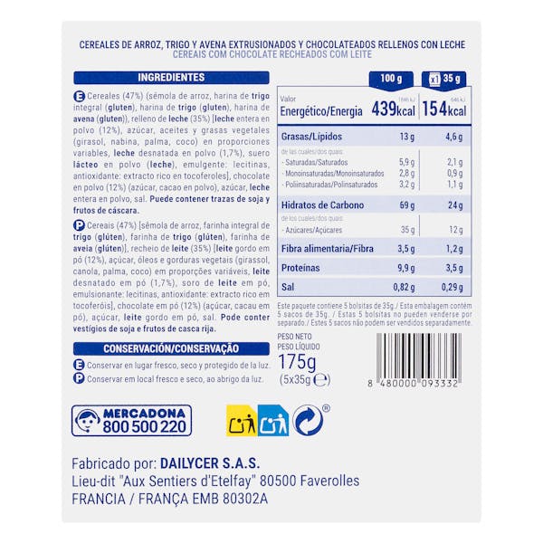 Mini cereales rellenos de leche Hacendado