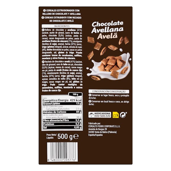 Cereales rellenos de chocolate y avellana Hacendado