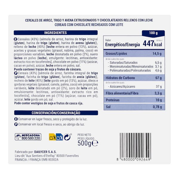 Cereales rellenos de leche Hacendado
