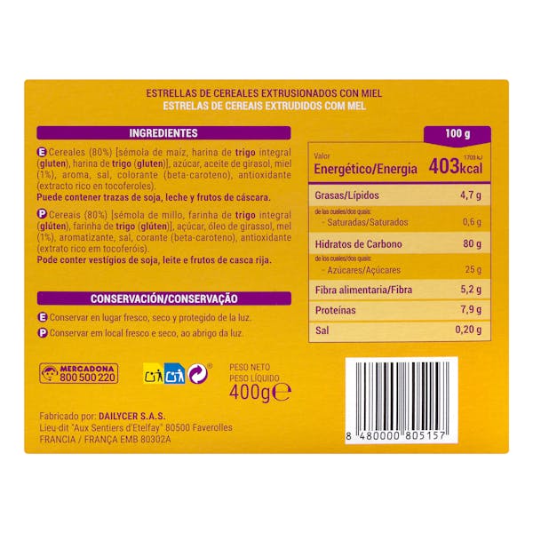 Cereales estrellas de maíz Stars Hacendado con miel